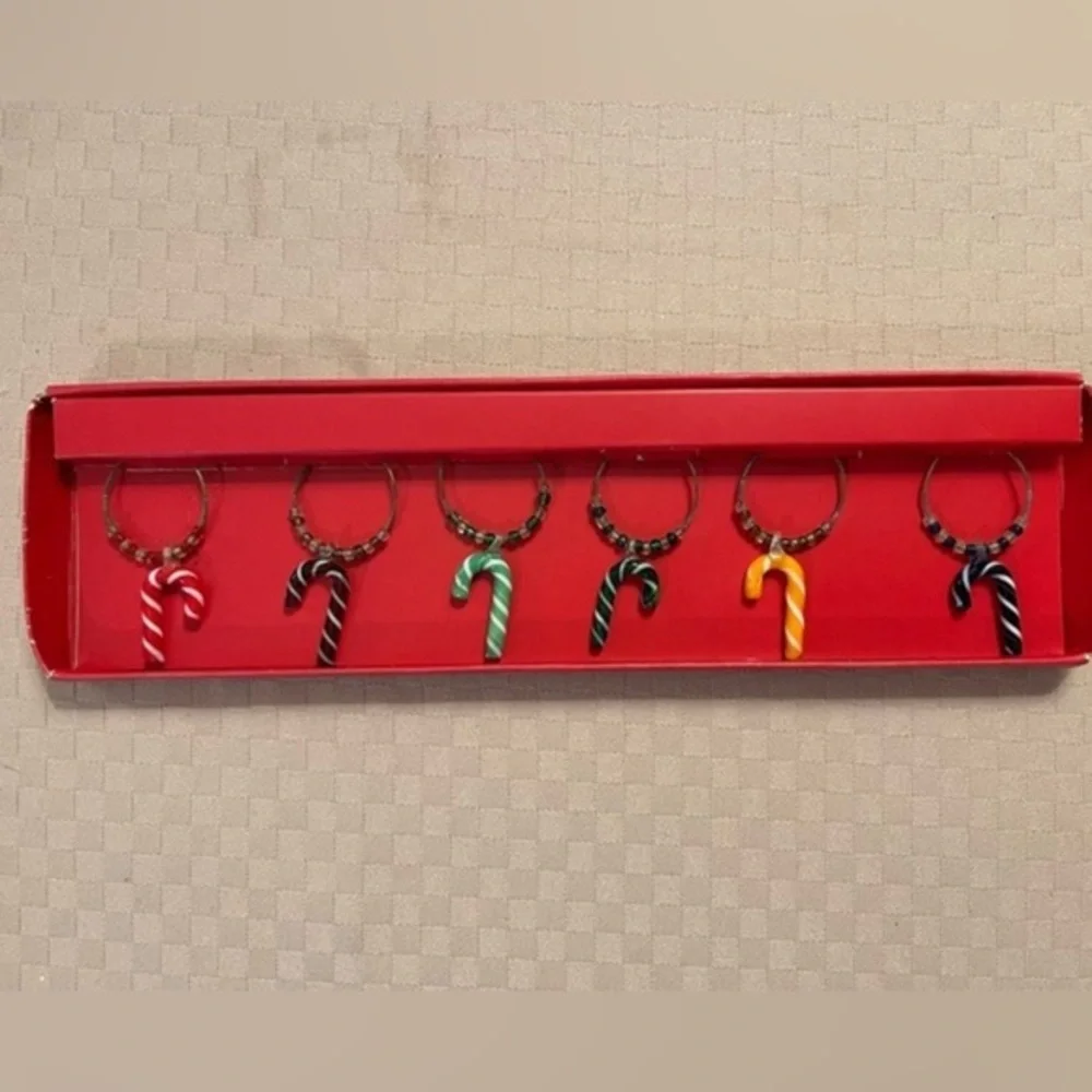 Pier 1 Imports multicolored glass candy cane drink charms in original box.